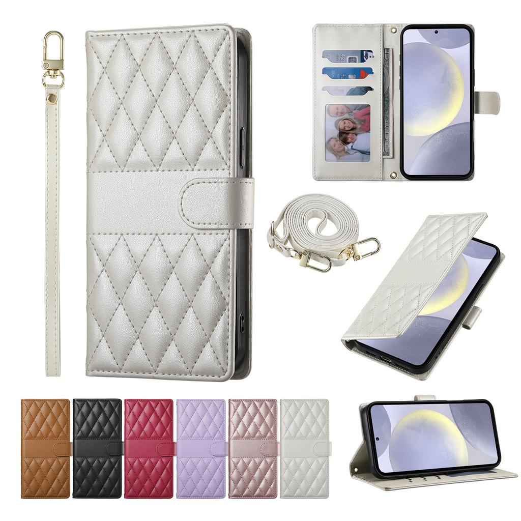 Crossbody Card Solt Wallet Leather Case For Samsung Galaxy S25 Ultra A16 A36 A56 A55 A15 S24 Plus S23 FE Grid Lanyard Flip Cover