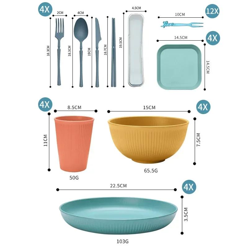 48pcs Plate Sets Eco-Friendly Wheat Straw Ramen Bowl Tableware Dinner Dishes Set Camping Tableware Set With Knife Fork Spoon