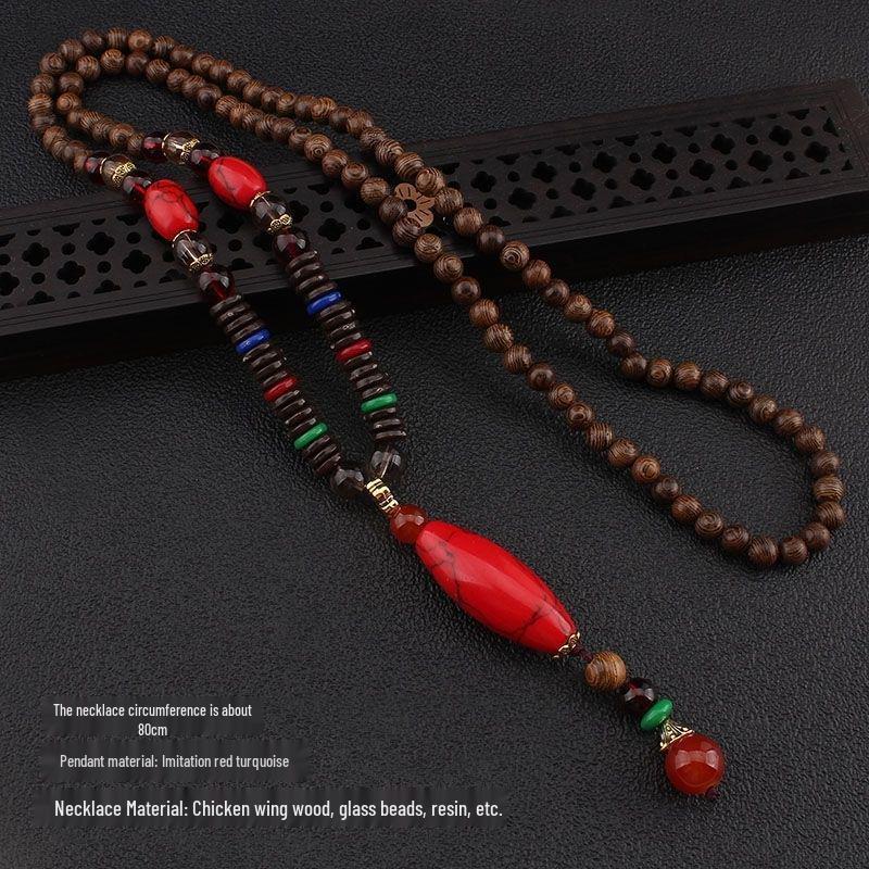 Unisex Retro Ethnic Wooden Necklace Pendant - Versatile Long Sweater Chain and Clothing Accessory