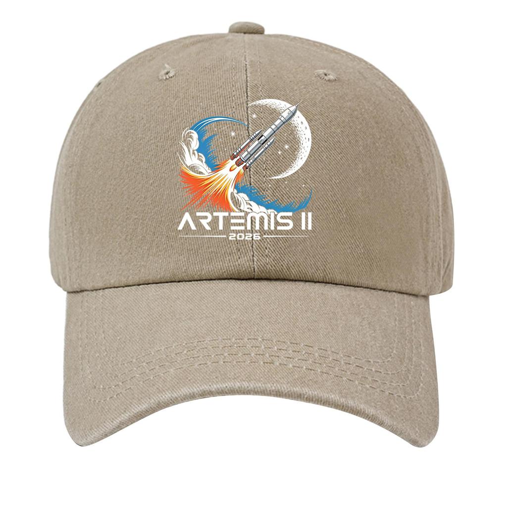Washed Cotton Baseball Cap Vintage Style Soft Top Denim Hat with Printed Rocket and Moon Design Adjustable Closure for Casual Wear