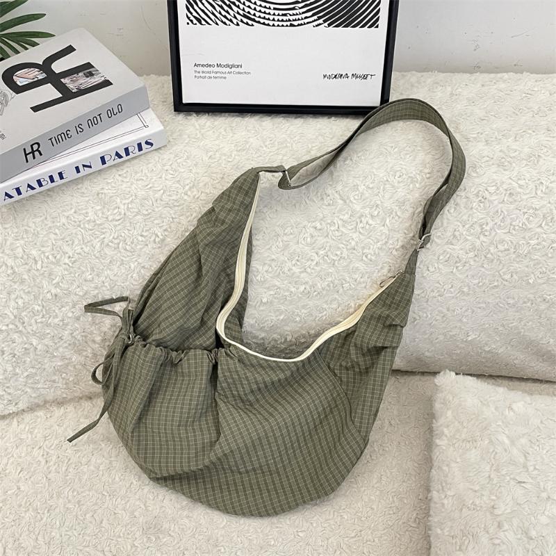 Retro Plaid Hobos Messenger Bags For Women Drawstring Pocket Nylon Dumpling Bag Large Capacity Portable Travel Shoulder Bags