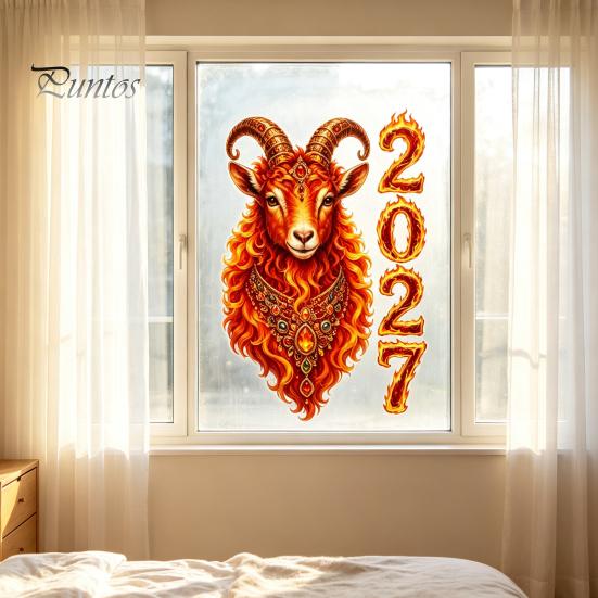 Flammenstruktur Sternzeichen Schaf Muster Aufkleber Chinesisches Neujahr Fenstersticker, 2027 des Ziegenstatisch Abnehmbar Elektrostatisch für Heimfenster Nein?Kleben
