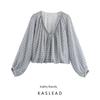 Kaslead New Arrival Women's Clothing Fashion Style Metal Color Line Print Balloon Version V Neck Tops 9328283