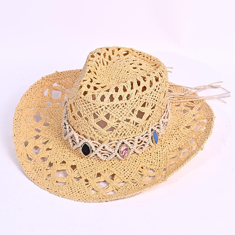 Burst Hat Women's Outdoor Beach Hat Hollow Paper Grass Western Cowboy Hat Beaded Summer Sunscreen Visor