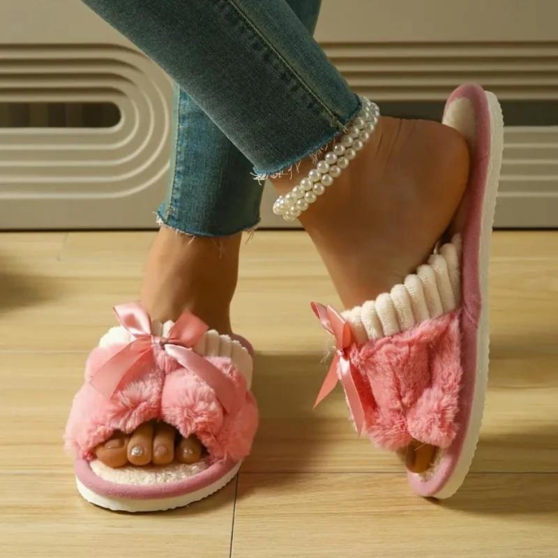 Fashion Autumn Winter Women Fashion Indoor Plush Bow Slippers Females New Lovely Bowknot Slides Men Home Cute Warm Fluffy Light Sandals