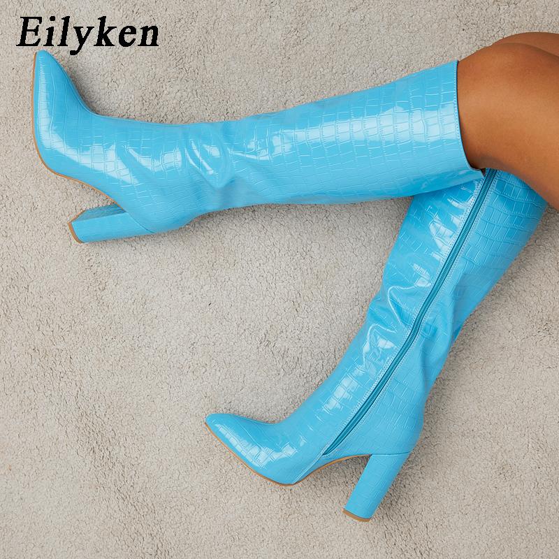 Fashion Eilyken Autumn Winter High Heel Women Knee High Serpentine Boots Designer Chunky Shoes Zipper Long Botas Mujer