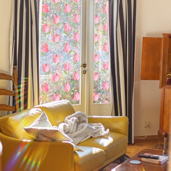 Tulip Flowers Window Clings Stained Glass Floral Window Privacy Film Pink Tulip Static Window Decals for Home Office Living Room