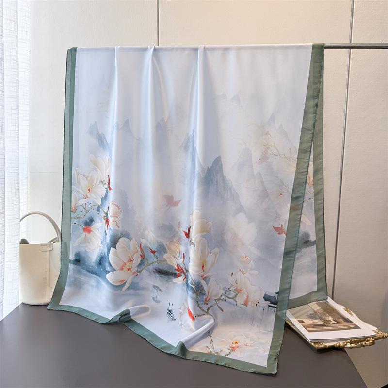 

Ink Magnolia Simulation Silk New Silk Satin Fashion Sunscreen Spring And Summer Style Silk Scarf Long Scarf Shawl Versatile Headscarf Scarf 180*85cm