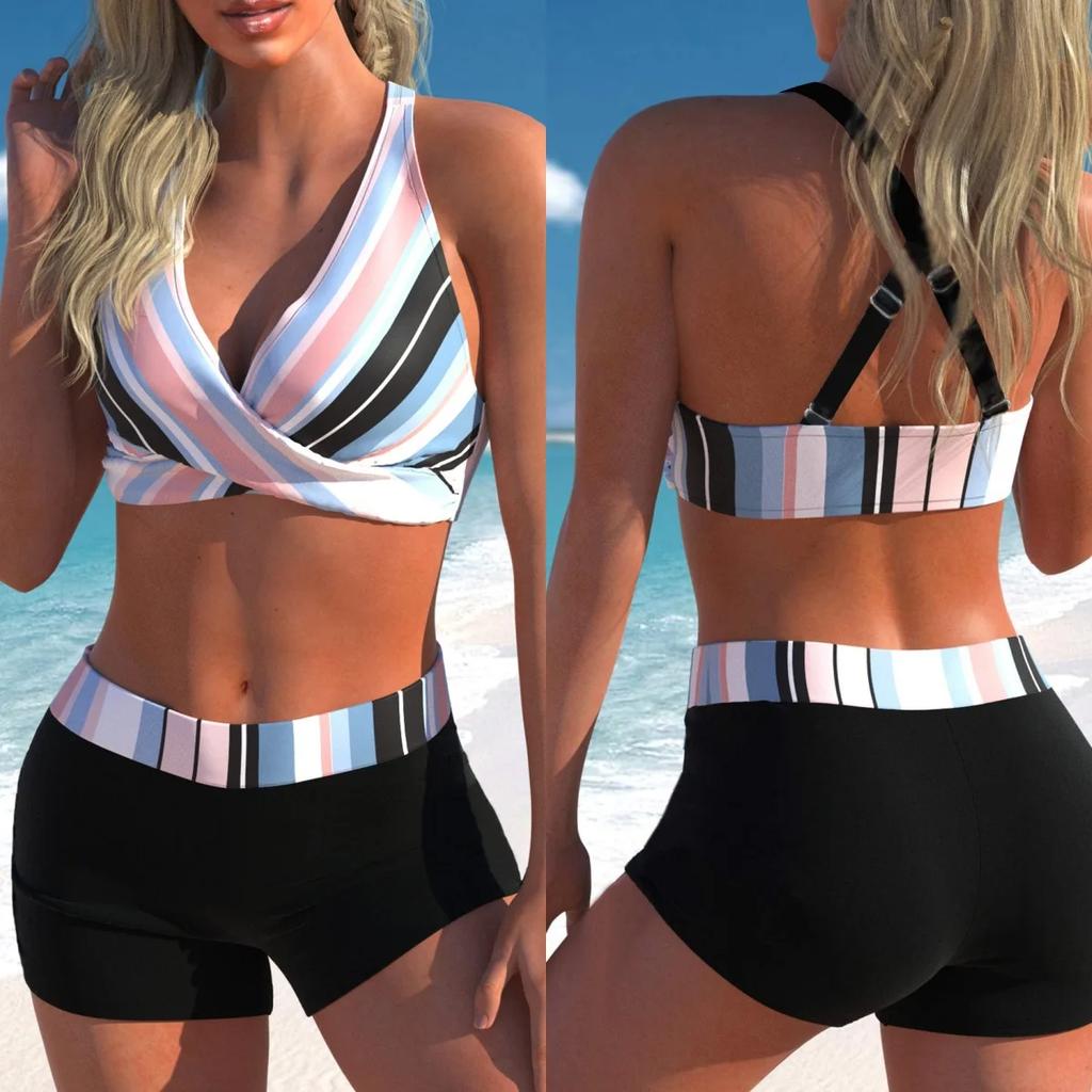 Sexy Hollow Out Back High Waist Bikini Swimsuit Women's Short Pants Quick Dry Two Piece Swimwear New 2025 Big Size