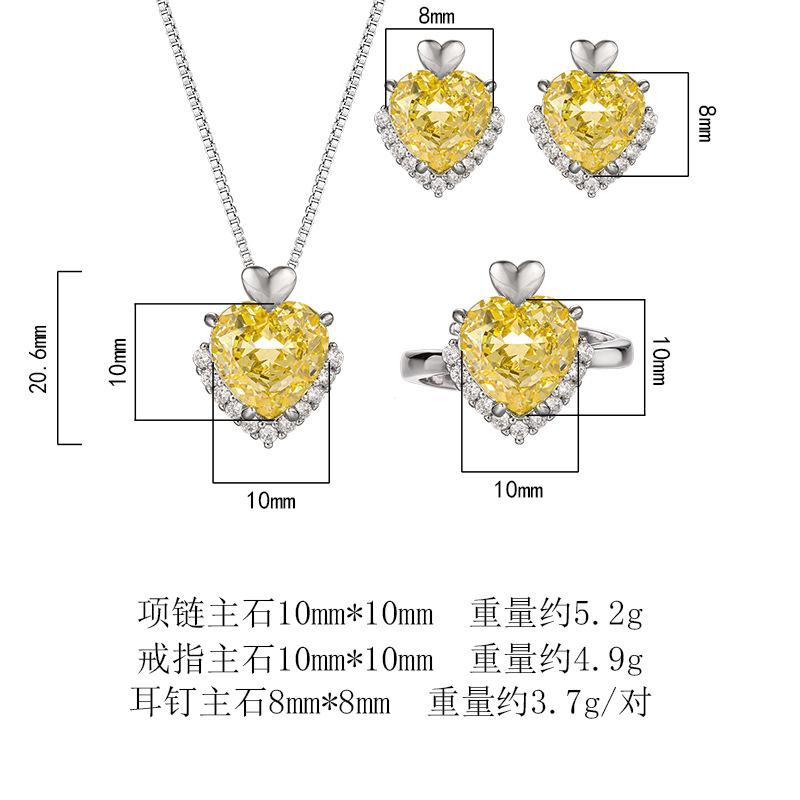 Jewelry Set Heart Shaped High Carbon Ice Flower Cutting Fashion Light Luxury Color Treasure Ring Earnail Necklace