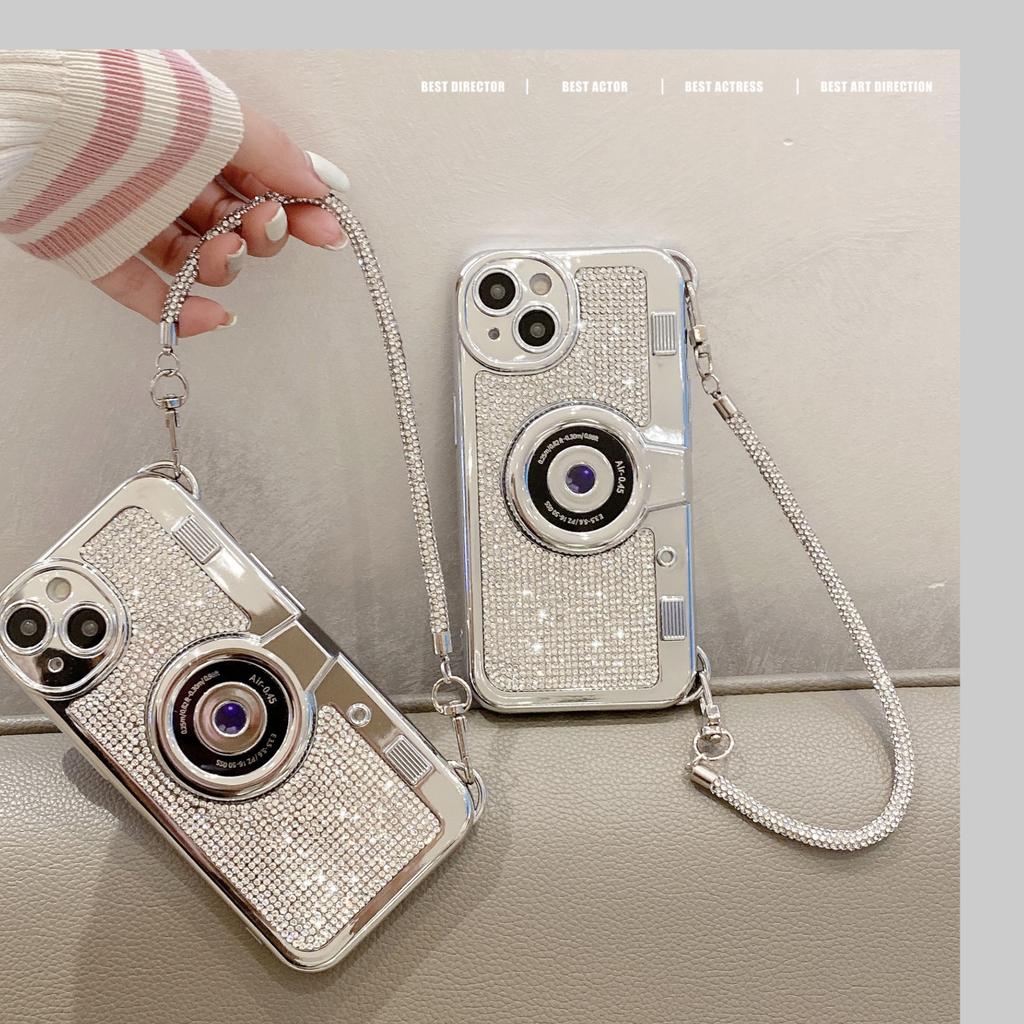 Ins Flash Diamond Camera Electroplated Silver Mobile Phone Case for iPhone16ProMax Bracelet Strip Apple 14 Protective Case