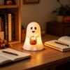 Reusable Holiday Decorations Cute Ghost Holding Pumpkin Bucket Table Lamp, Halloween Spooky Bedside Haunted House Props Small LED Night Light