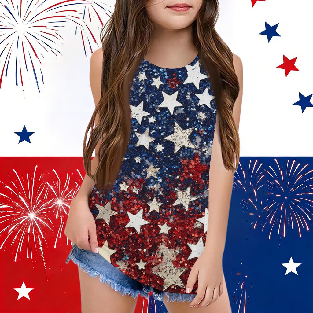 Girls  Kids Summer Crewneck Sleeveless Shirts Tank Tops Independence Day