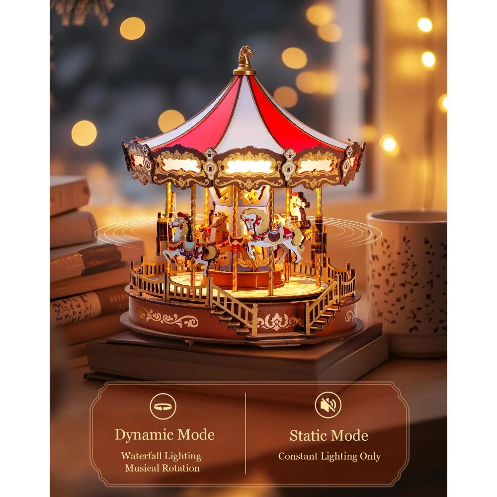 Rolife Klassische Karussell-Spieluhren Einfach zu montieren 3D-Holzpuzzle Bewegliches Design mit Licht Weihnachtsgeschenke für die Familie