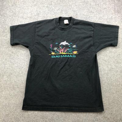 VINTAGE Bahamas Shirt Mens Large Black Embroidered Dolphin Made USA Reef 90s