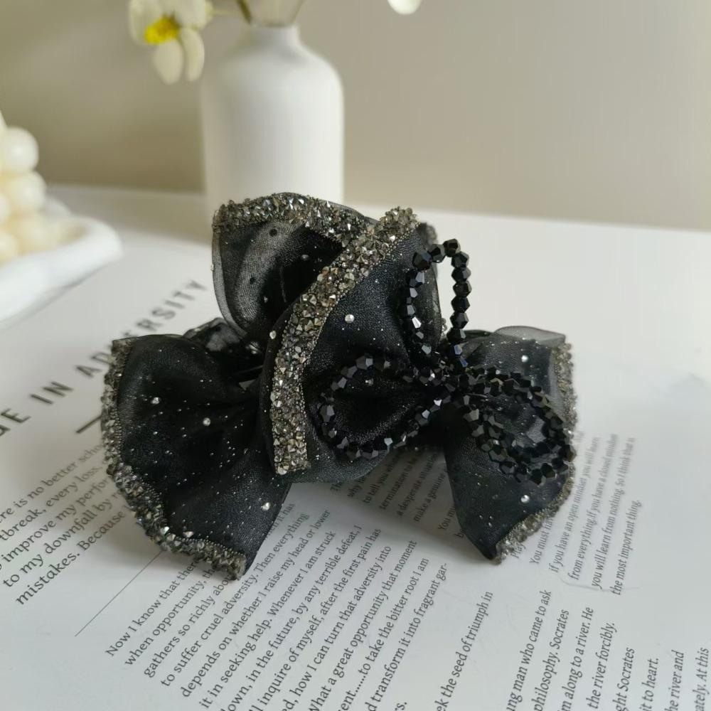 Cloth Shiny Rhinestone Hair Claw Beads Women Sequin Hairgrips Black Bow Shark Clip  Party