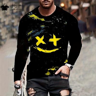 Pánské tričko s dlouhým rukávem s potiskem úsměvu Pánské oblečení Jednoduchá pánská trička Street Hip Hop Trička s grafikou úsměvu 3D potisk Top