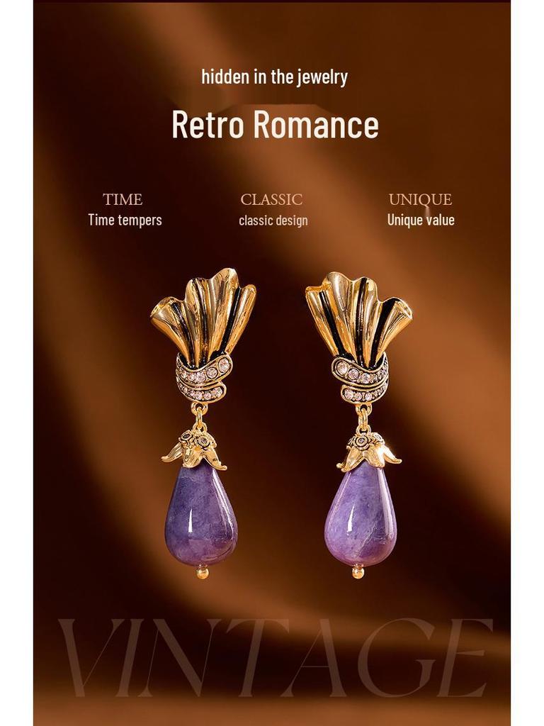 Vintage Purple Teardrop Stud Earrings - 925 Silver, Elegant & Versatile Jewelry