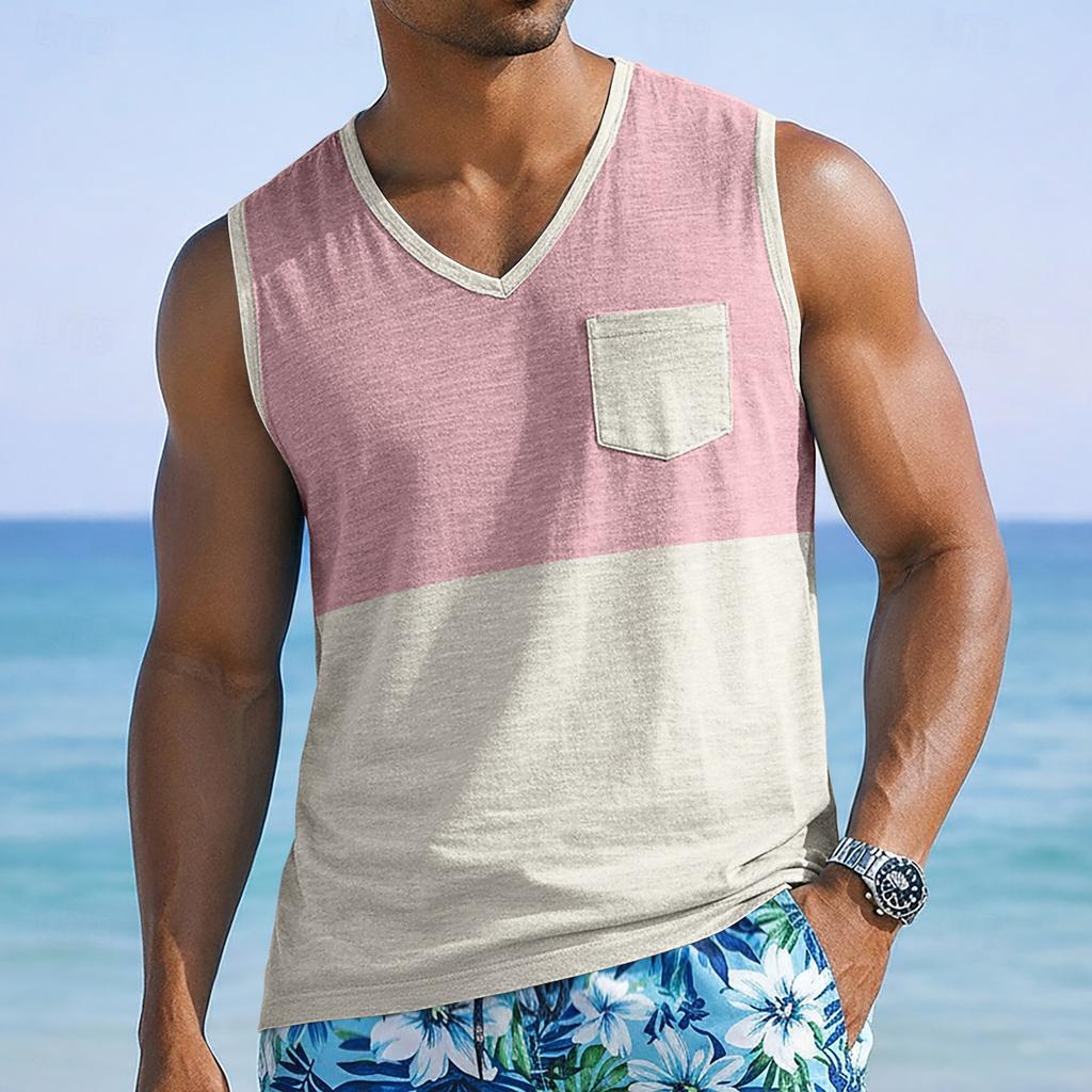 Men Sleeveless Casual Tank Top with Wide Shoulder Straps Chest Pocket and Panel Design for Everyday Wear