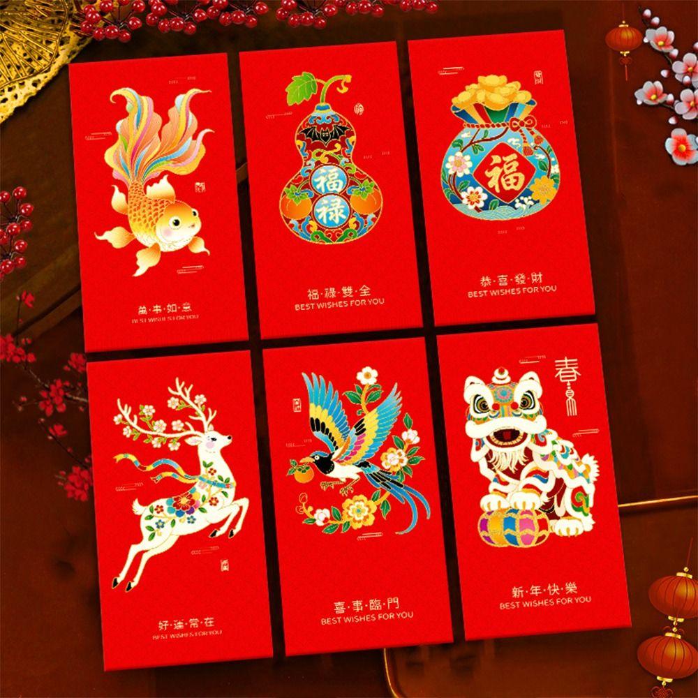 6pcs Chinese Style 2026 Horse Year Red Envelope Paper Craft Mixed Pattern New Year Money Envelope Blessing Cartoon