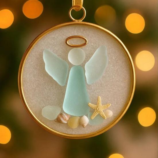 Hav-inspirert julepynt Sjøglass Skjell Resin Tre med Sjøstjerne Topp Kystnær Jul Hengende Dekorasjon til Tre Bil Speil Dekor