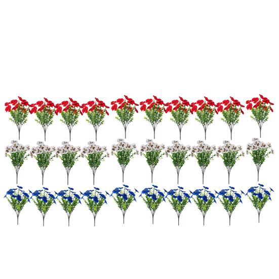 4th of July Artificial Pansy Flowers for Outdoor, UV Resistant Faux Silk Patriotic Flowers, Red Blue White Fake Flowers for Planter Front Door Porch