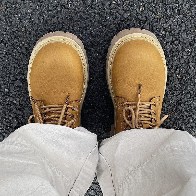 Mens Chunky Sole Derby Shoes Casual Low-Top Thick Heel Yellow Black Green Round Toe PU Insole Rubber