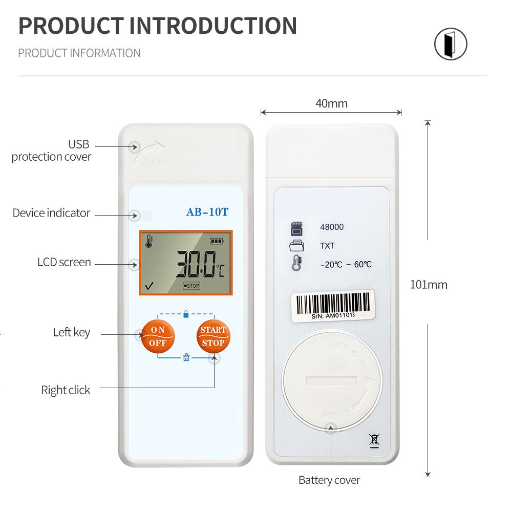 AB-10T USB Temperature Data Logger Mini Temp Recorder LCD Display Datalogger 48000 Points Capacity Thermometer for Food Medicine