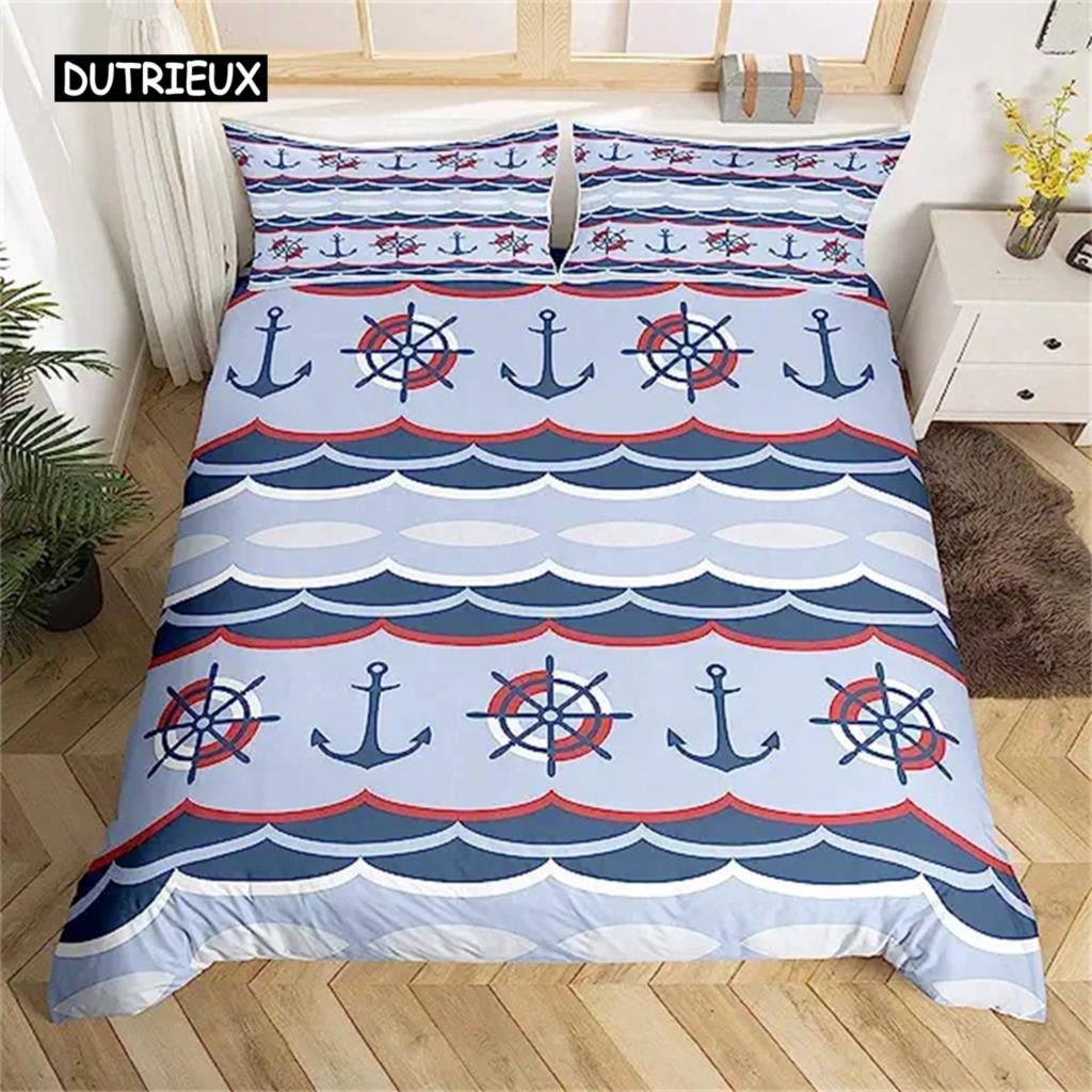 Anchor Duvet Cover Nautical Bedding Set Ship Anchor Chain With Lines Comforter Cover For Children Teen Bedroom Decoration Gifts