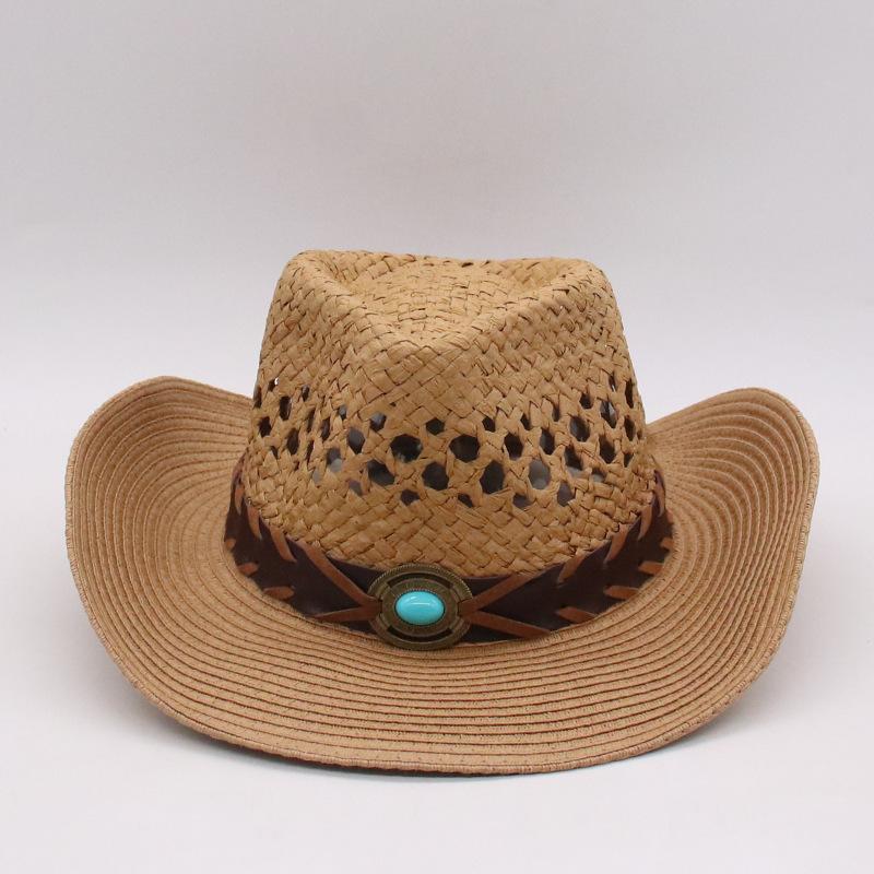 Lightweight Breathable Wide Brim Sun Hat Hand-Woven Belt Decorated Large Brim Straw Western Cowboy Hat for Men and Women Couples Outdoor