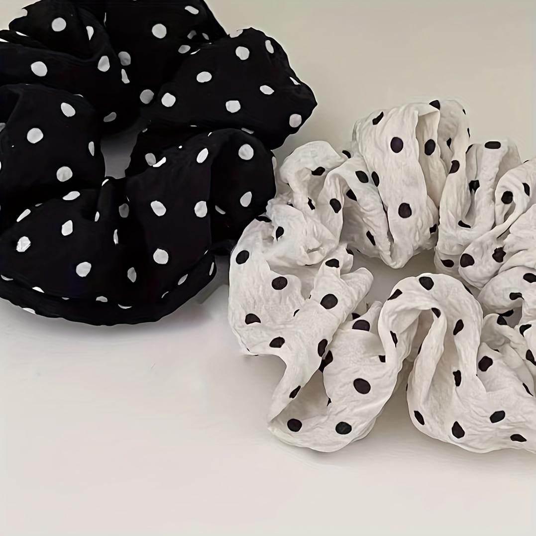 

2pcs Black & Cream Polka Dot Scrunchies Hair Ties - Retro Minimalist Elastic Hair Accessories Size fits all
