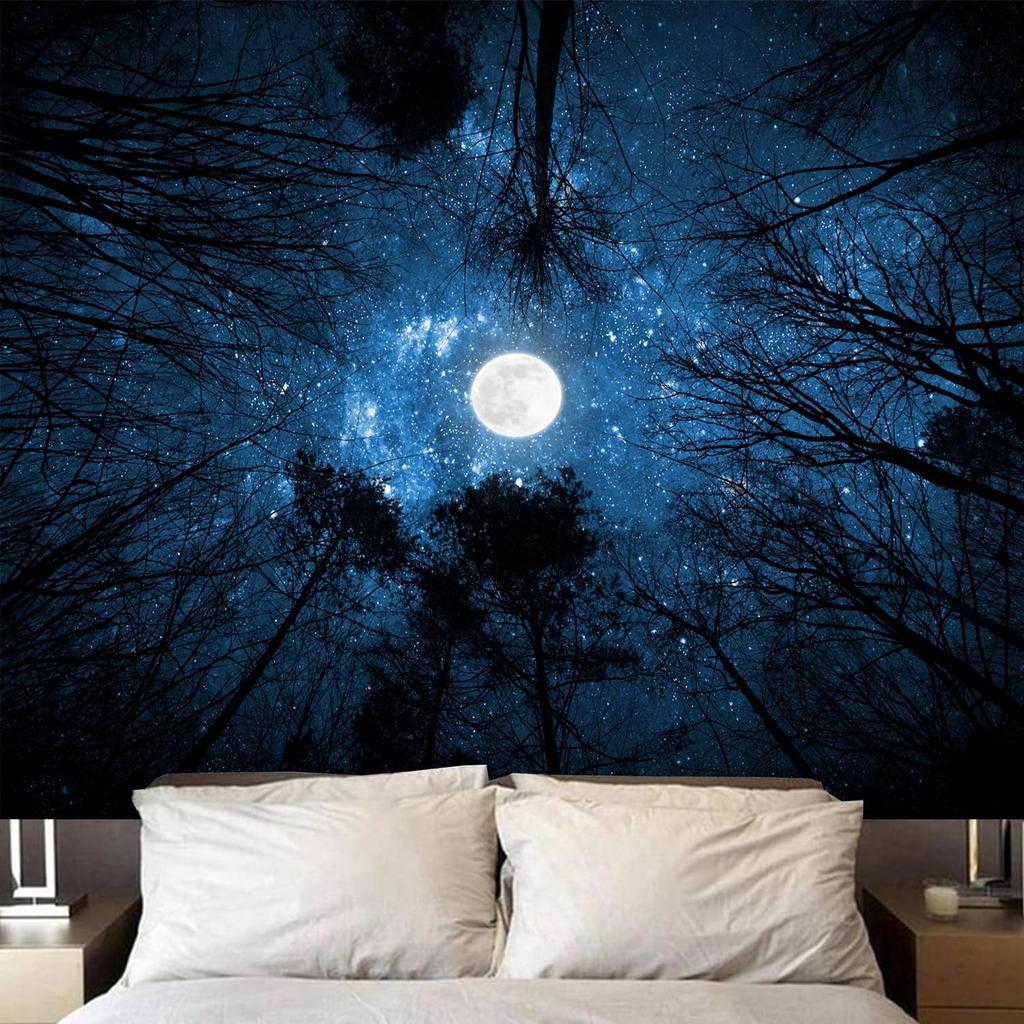Forest Galaxy Starry Tapestry, Starry Night Sky Moon Stars Ceiling Tapestry Blue Space with Trees Nature Tapestries Wall Hanging for Bedroom Dorm