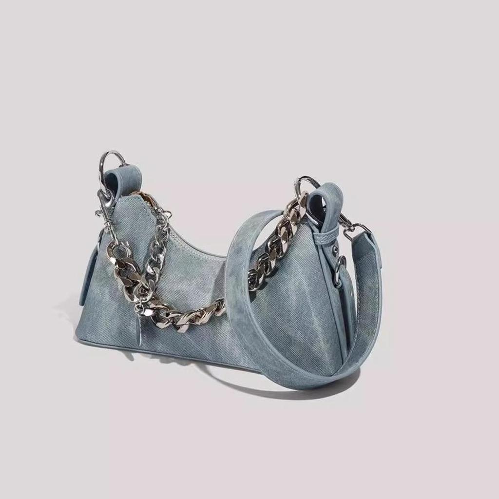2025 Autumn/Winter Vintage Denim Chain Crossbody Baguette Bag