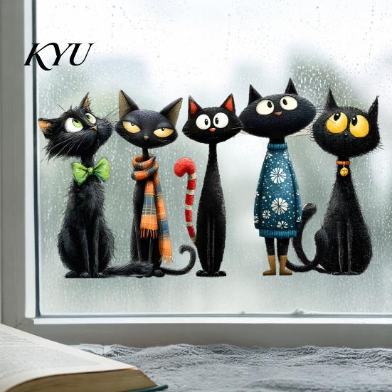 Removable Window Murals Halloween Cartoon Black Cat Static Sticker, PVC Decorative Cute Wall Stickers Decal, Waterproof Glass Clings for Living