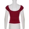 Women Red Square Neck Lace Trim Bow Detail Short Sleeve Slim Fit Casual Blouse