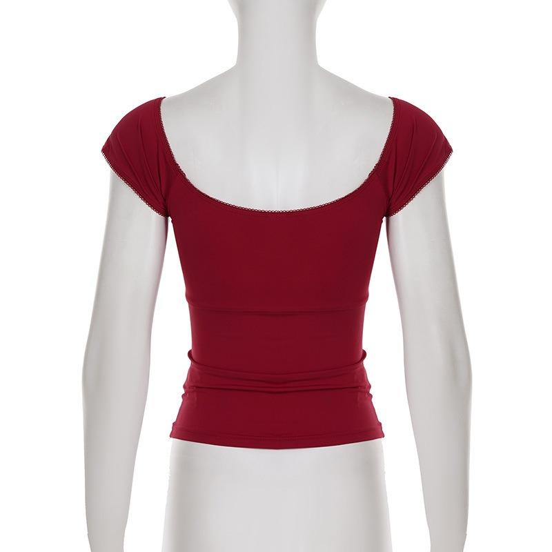 Women Red Square Neck Lace Trim Bow Detail Short Sleeve Slim Fit Casual Blouse