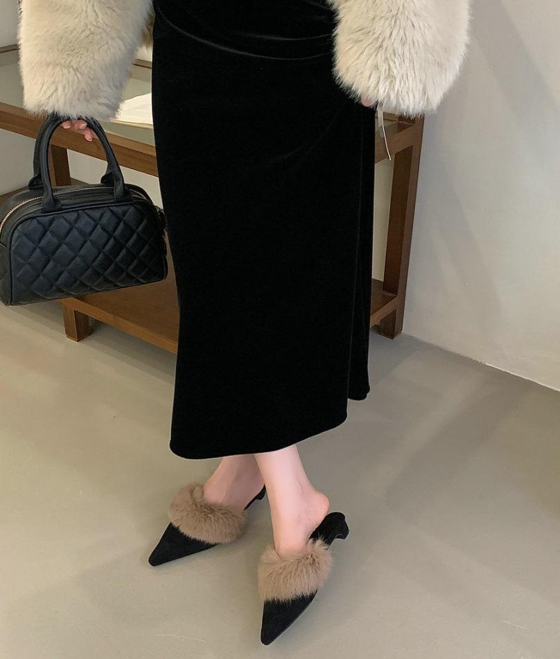 2025 Autumn and Winter New Pointed Head Thin Heel European and American Fashion Bag Head High Heel Fluffy Slippers High Sense Plush Shoes Women