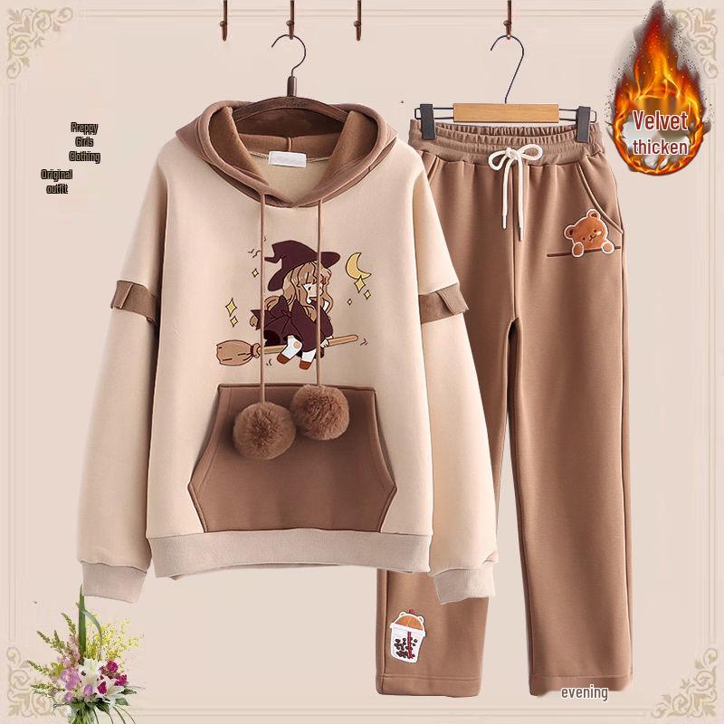 Podzimní/Zimní Sametová Zesílená Dvoudílná Sada pro Dívky (Věk 12-15): Mikina a ležérní sportovní oblečení