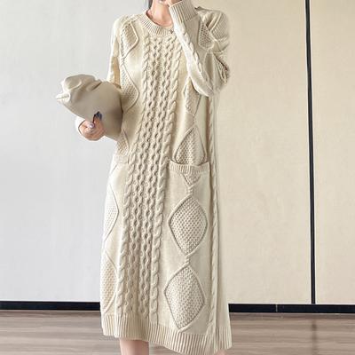 Herfst en Winter Koreaanse Versie van De Retro Midilengte Losse Grote Maat Twist Zak Trui Gebreide Jurk Dames
