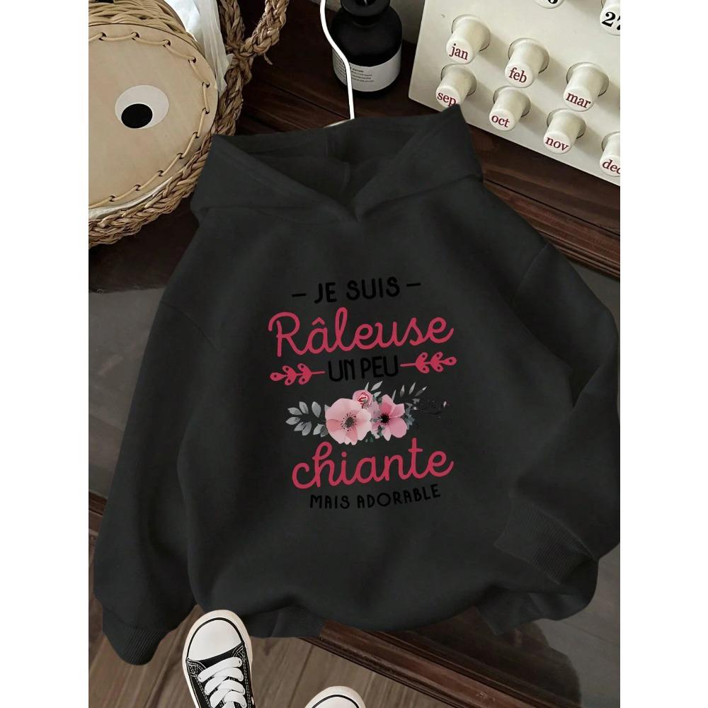 Kids French Quote Flower Print Hoodie Autumn Winter Fleece Warm Sweatshirt Floral Graphic Casual Pullover Hooded Sweatshirt