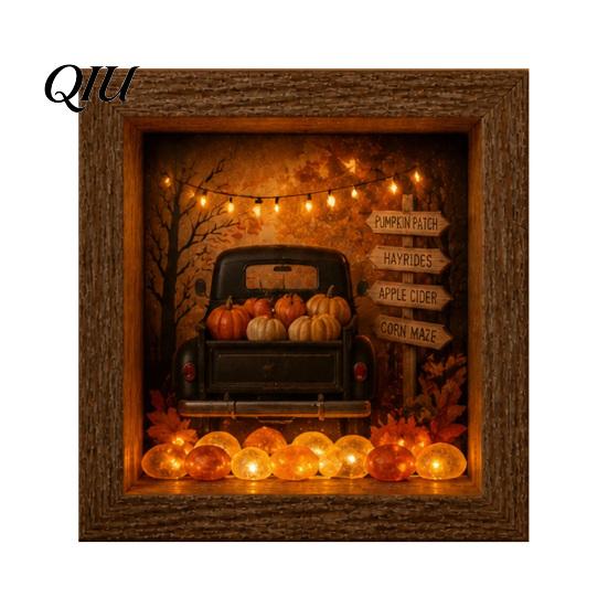 Personalized Halloween Display Shadow Box Frame DIY Lighted Craft Kit, Wooden Night Light with Seasonal Interior Decor Sea Glass Stones, Gothic