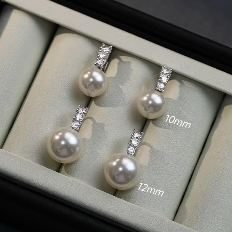 

925 Sterling Silver Pearl Earrings with Zircon Studs - Elegant Women s Luxury French Socialite Earrings & Ear Cuffs 12mm Pearl Earrings with Sparkling Zircon