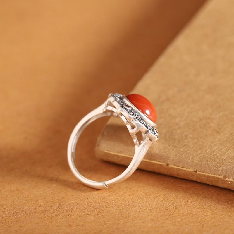 Adjustable Open Ring Men Women Vintage Bohemian Style With Hollow Geometric Plated Red Agate Stone