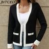 BITCED Premium Jacket Autumn Casual Colour-Block V-Neck Knitted Cardigan