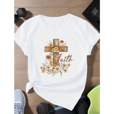 Camiseta Feminina de Manga Curta Floral com Cruz Baseada na Fé Europeia - Roupa Religiosa com Gola Redonda Casual de Verão