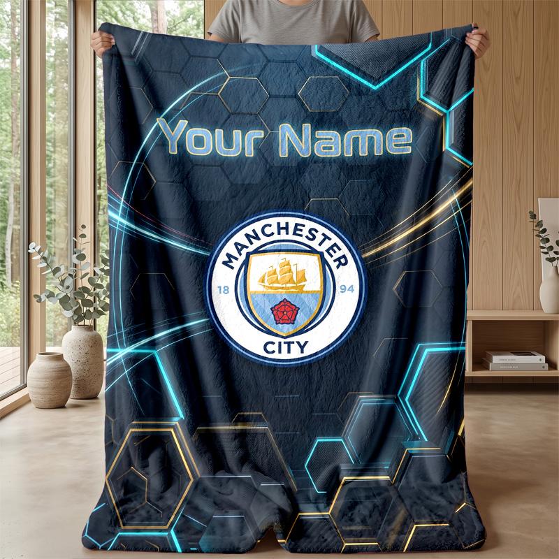 Custom Text Flannel Throw Blanket, Lightweight Cozy Bed Sofa BlanketManchester City