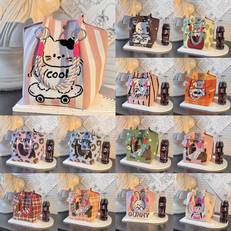 Cute Cartoon Knitted Bucket Bag For Women Girls  Versatile Large Capacity Portable Handbag Tote Small Square Bag Gift