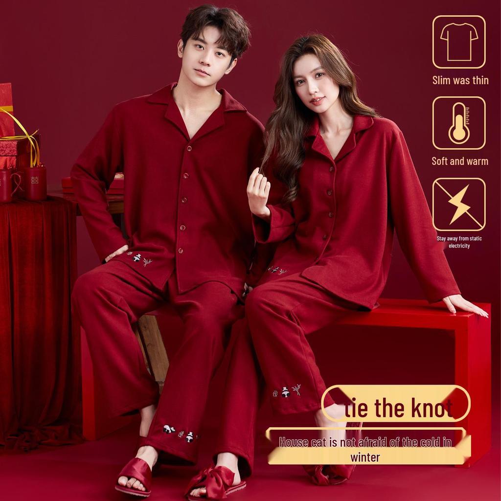 Rotes Hochzeits-Pyjama-Set für Paare - Herbst/Winter Plus Samt mit Rattenjahr-Design