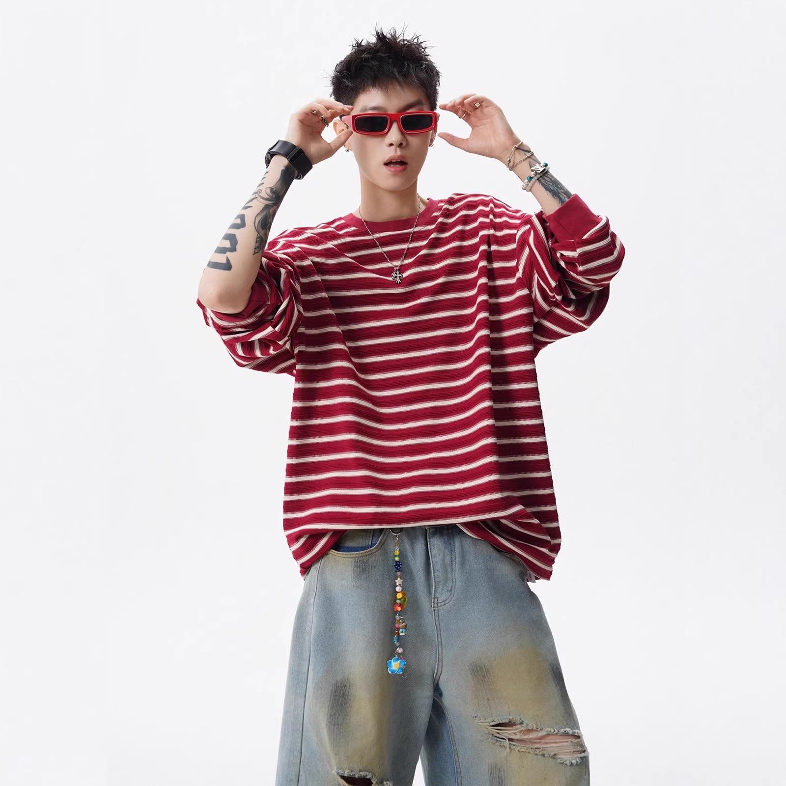 Men s Vintage Striped Long Sleeve Round Neck T-shirt - American Trendy Color Block Couple Style L красный