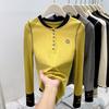 Splicing Contrasting Color Round Neck Long-sleeved Shirt Women's Spring Slim-fitting Chic Inner Bottoming Shirt Autumn and Winter Button-up Top